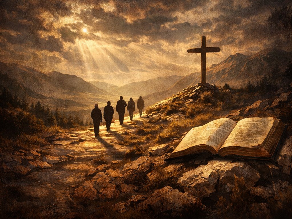 Disciples walking a mountain path toward a cross, with an open Bible in the foreground